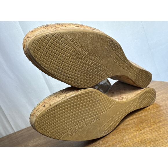 Stuart Weitzman 9.5 Nude Snakeskin Leather Peep Toe Cork Wedge Slingback Sandals - Picture 8 of 12